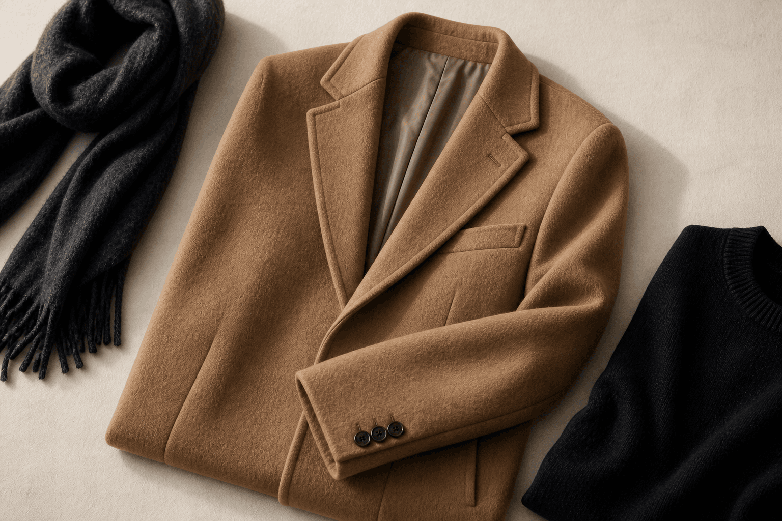 Camel wool overcoat layered with a charcoal scarf and dark knit.