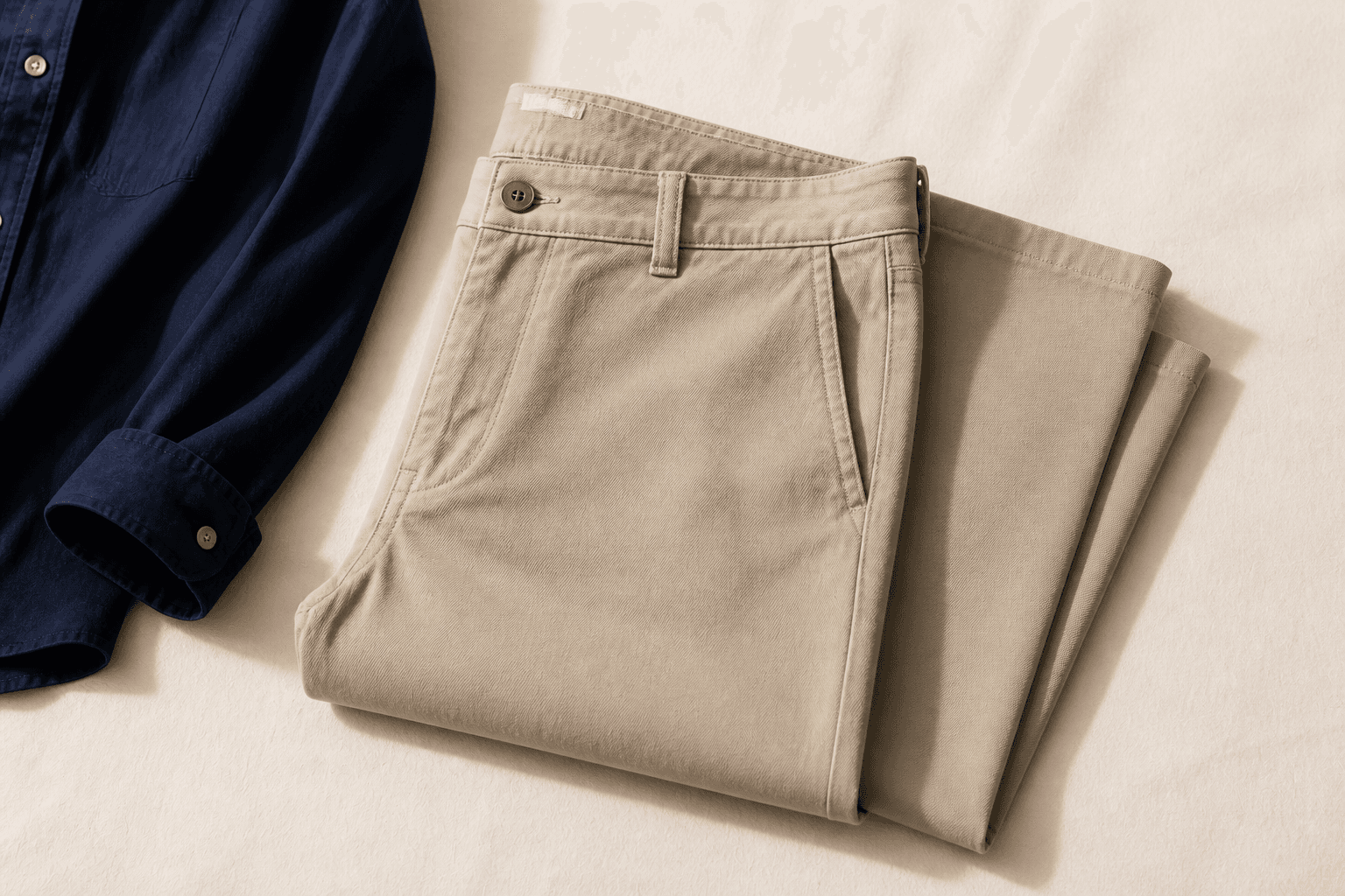 Folded stone relaxed cotton chinos with a navy shirt nearby.