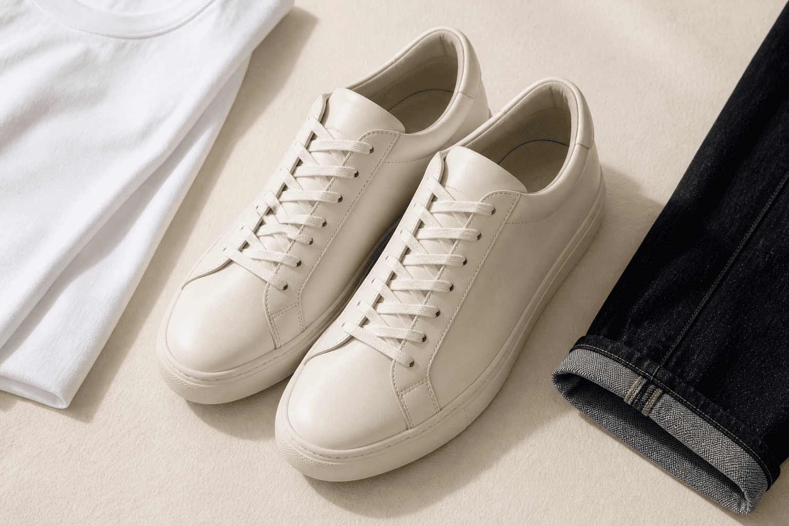 Clean off-white leather sneakers with dark denim and white cotton.