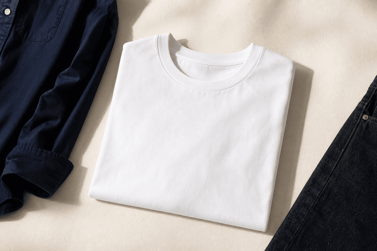 Folded white crewneck T-shirt with navy shirting and dark denim.