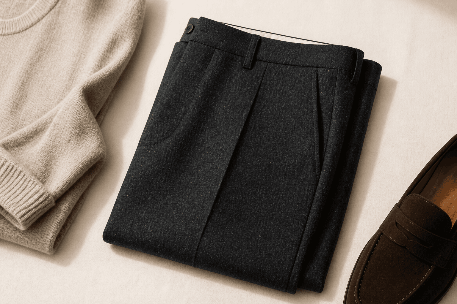 Charcoal wool trousers with an oatmeal knit and dark brown loafer.