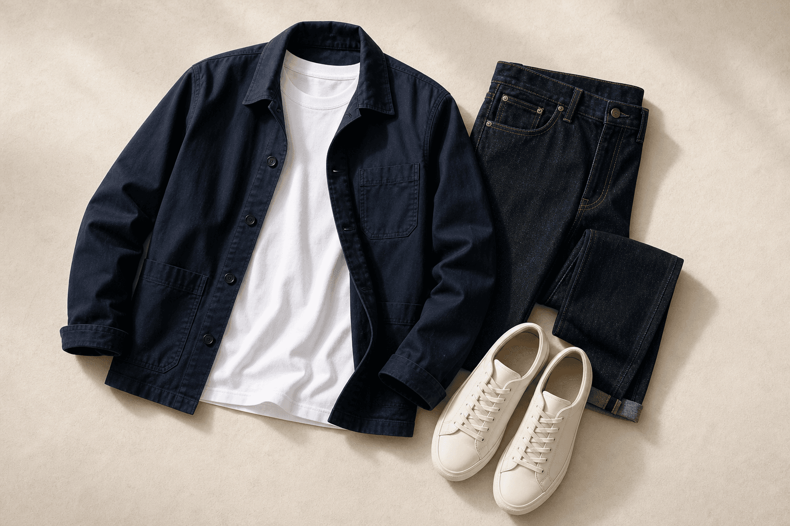 Casual daytime outfit with a white T-shirt, dark jeans, navy chore jacket, and off-white sneakers.