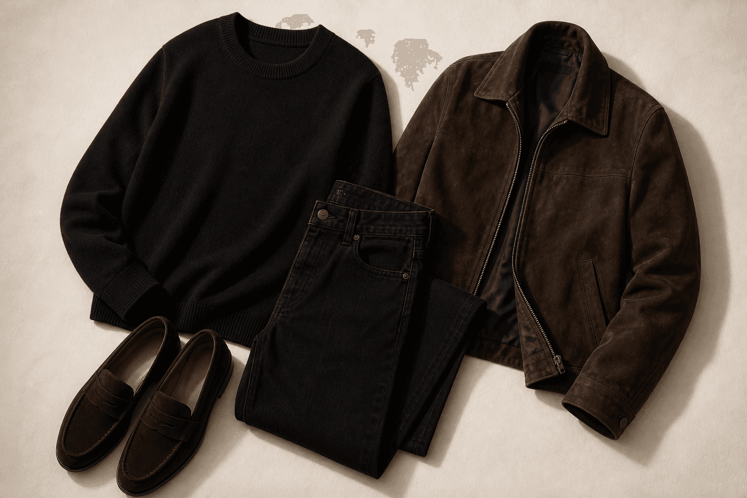 Date dinner outfit with a dark knit, black jeans, brown suede jacket, and loafers.