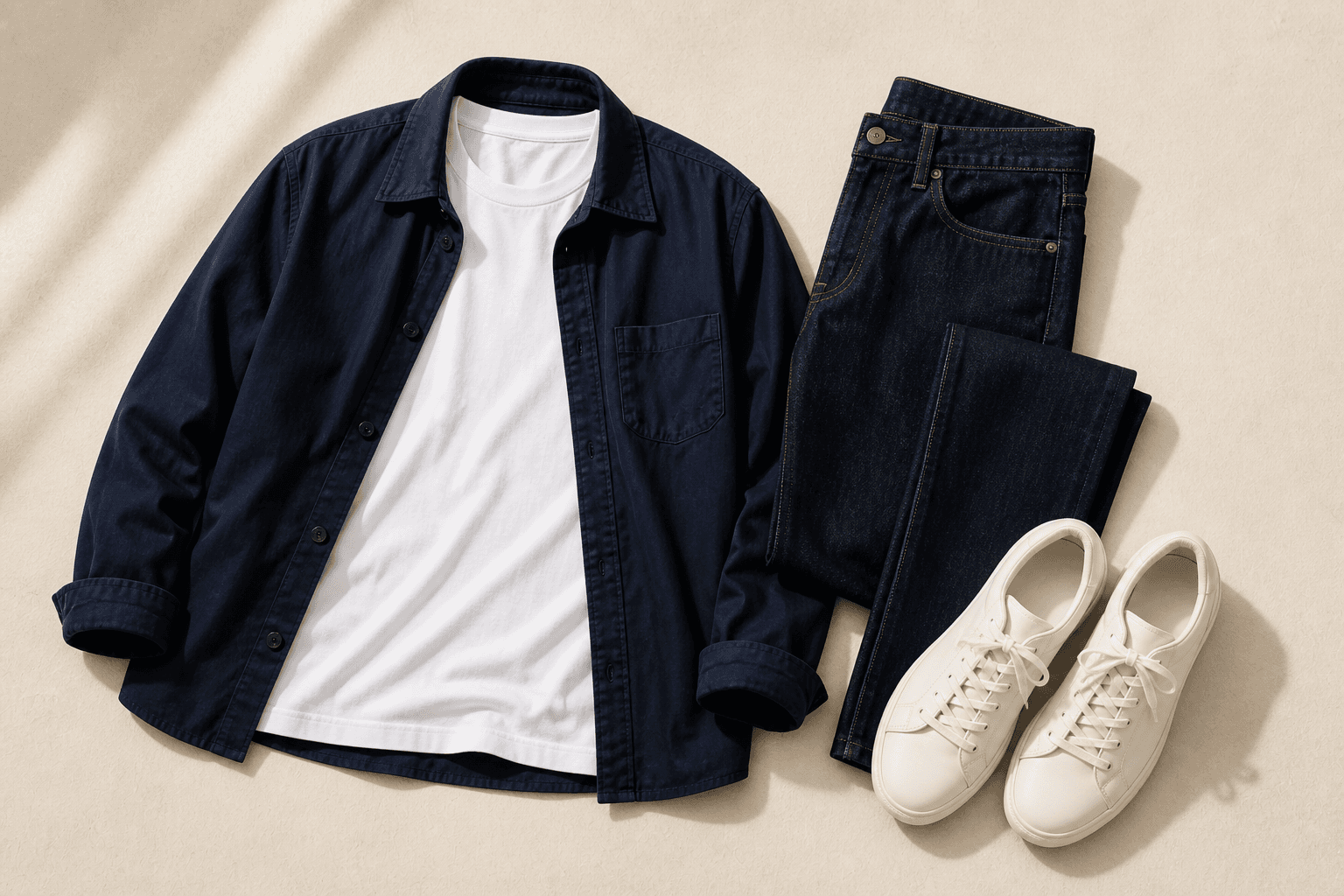 Simple outfit using a white T-shirt, dark jeans, navy overshirt, and clean sneakers.