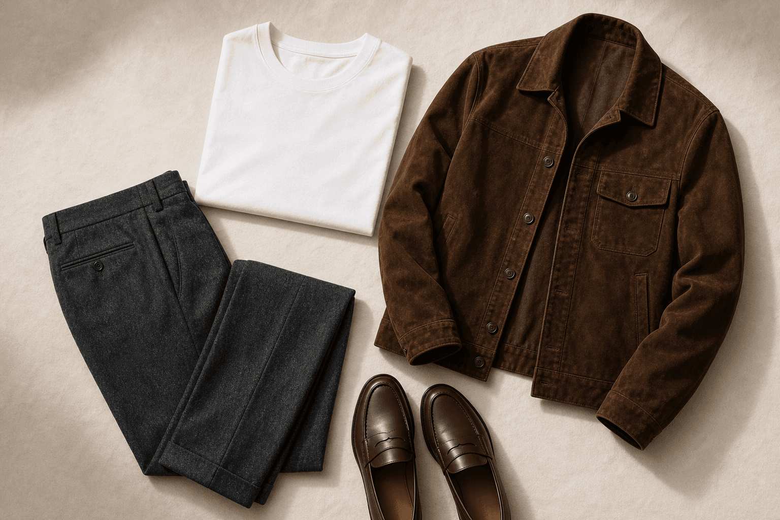 Elevated outfit with a white T-shirt, charcoal wool trousers, brown loafers, and suede jacket.
