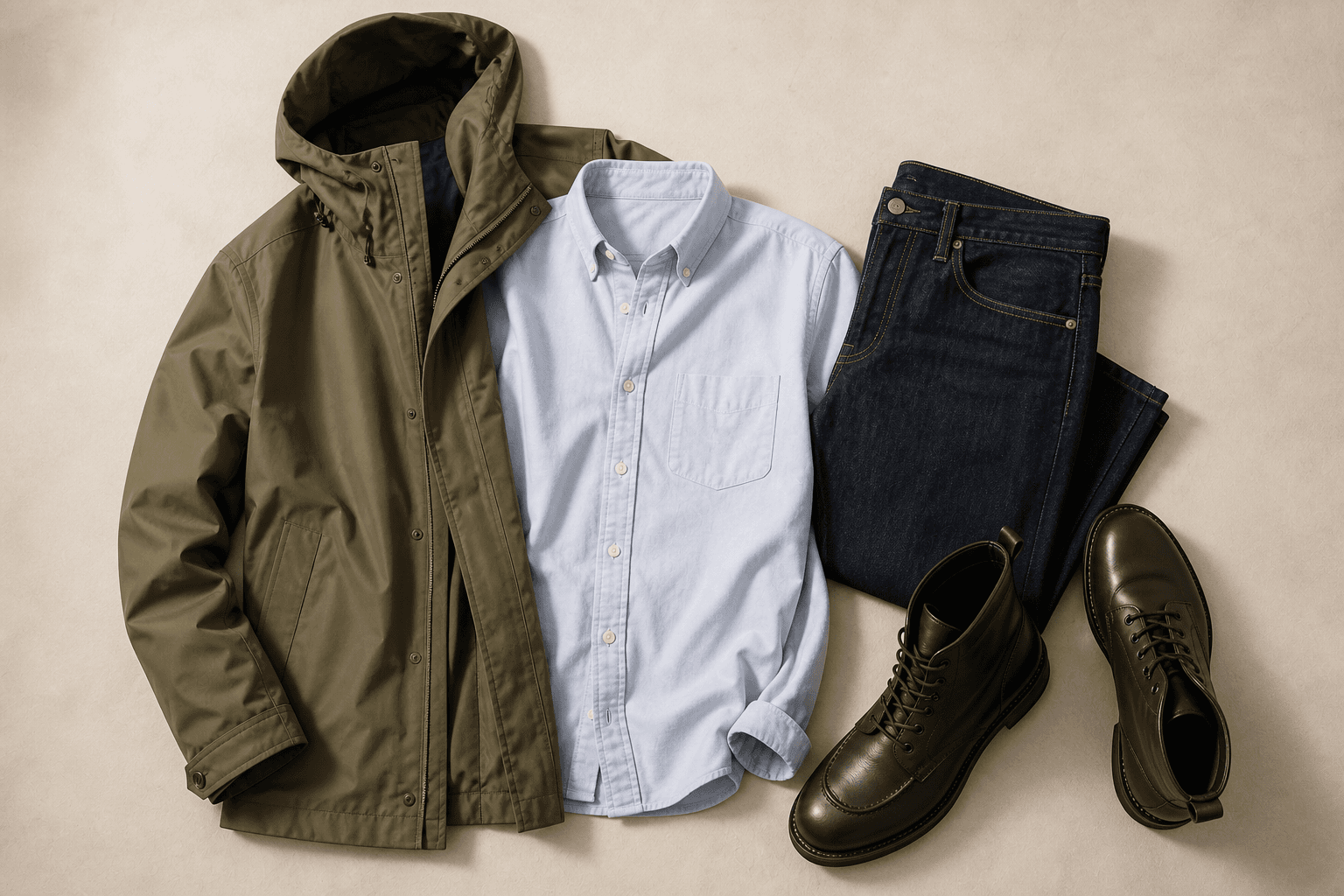 Rain-ready outfit with an oxford shirt, dark jeans, olive rain shell, and leather boots.