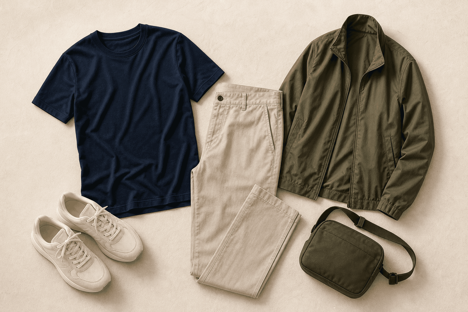Travel outfit with a navy tee, stone chinos, olive jacket, off-white sneakers, and small travel bag.