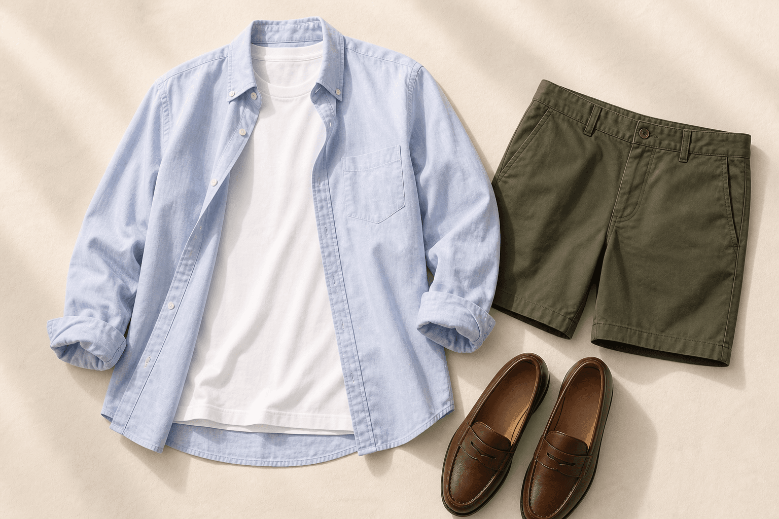 Warm-weather outfit with an open pale blue shirt, white T-shirt, olive shorts, and brown loafers.