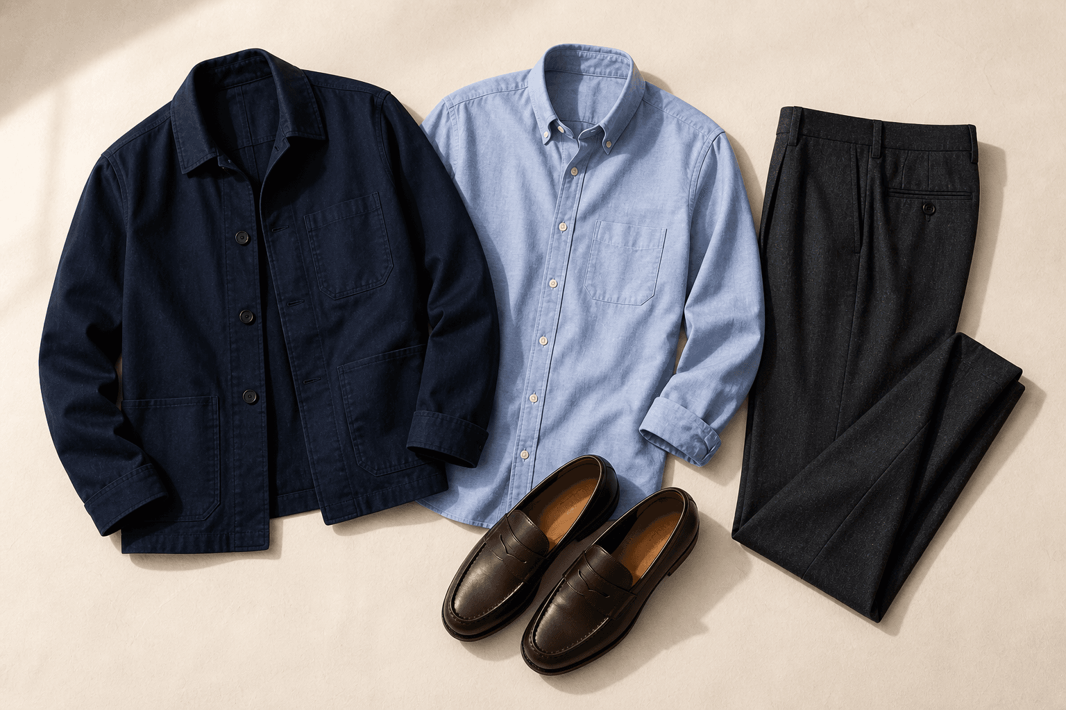 Modern office outfit with a blue oxford shirt, charcoal trousers, loafers, and navy chore jacket.