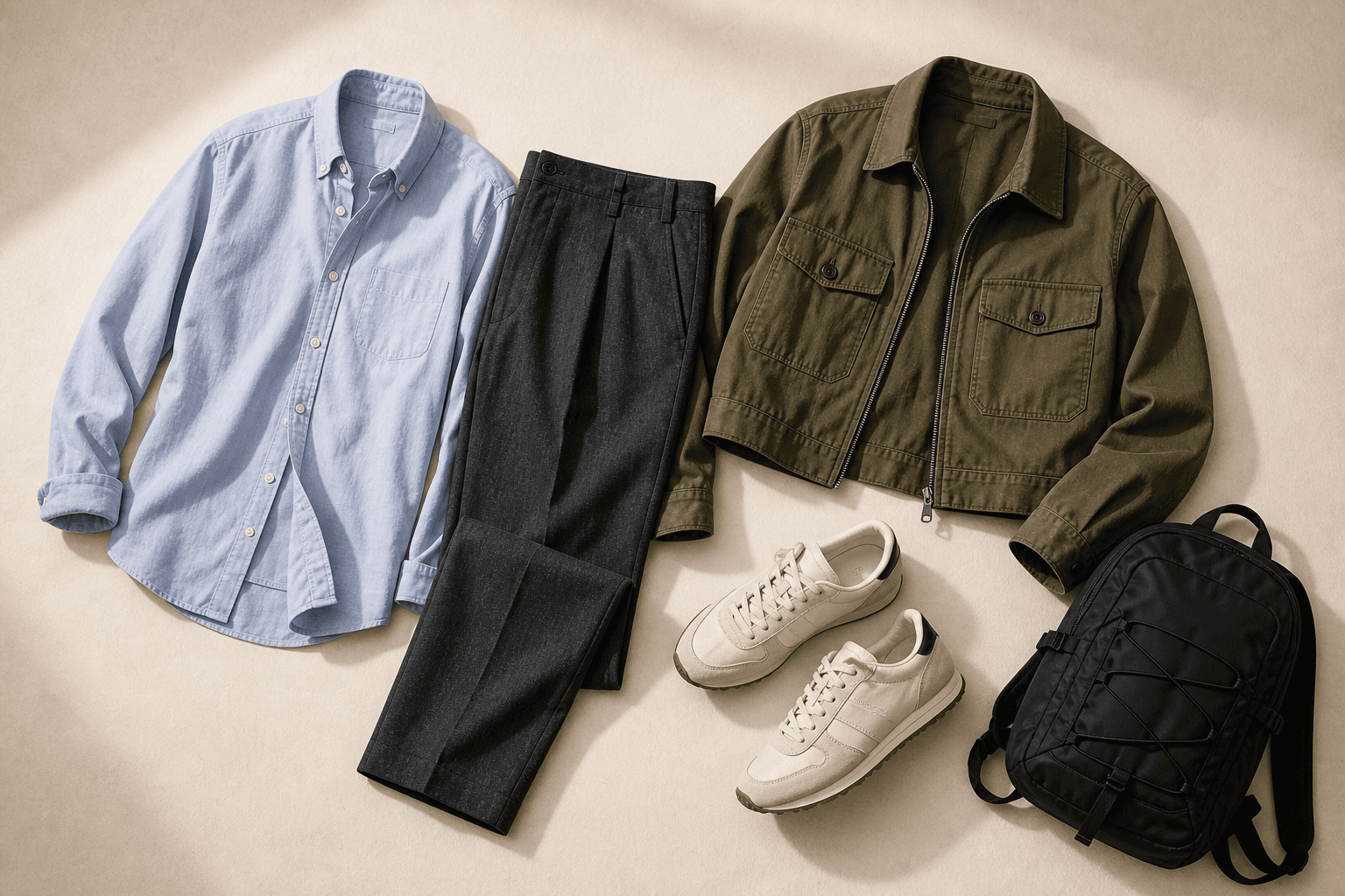Unexpected outfit with an oxford shirt, wool trousers, olive utility jacket, retro sneakers, and black backpack.