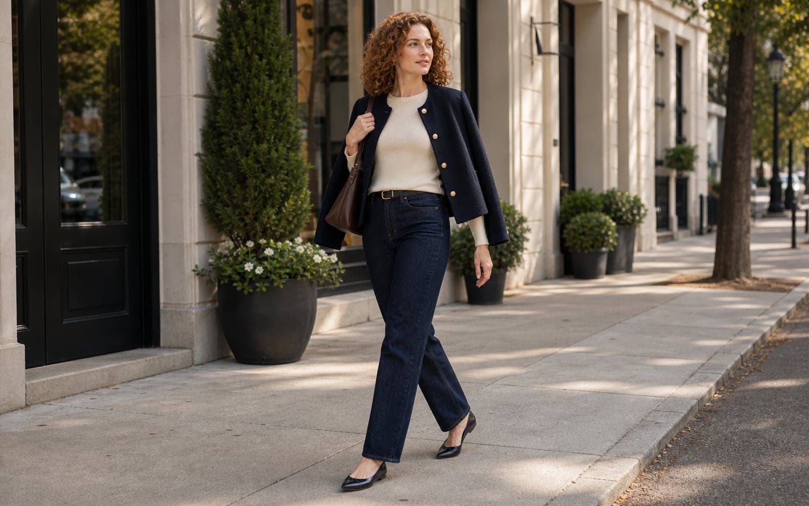 A woman in an ivory knit top, dark straight-leg jeans, structured navy jacket, polished flats, and a shoulder bag walking on a refined city street.