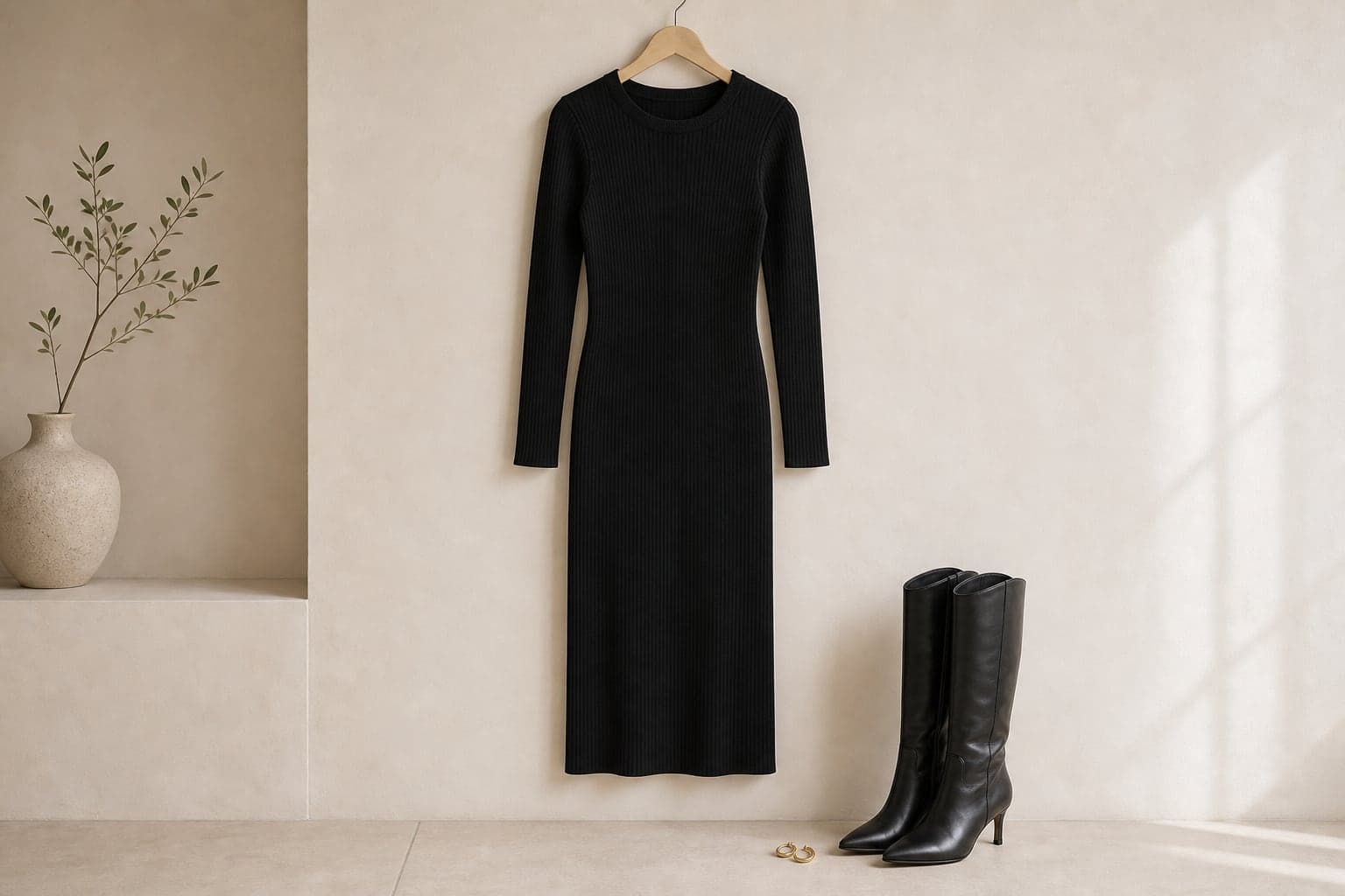 Black ribbed midi column dress hanging beside black knee-high boots.