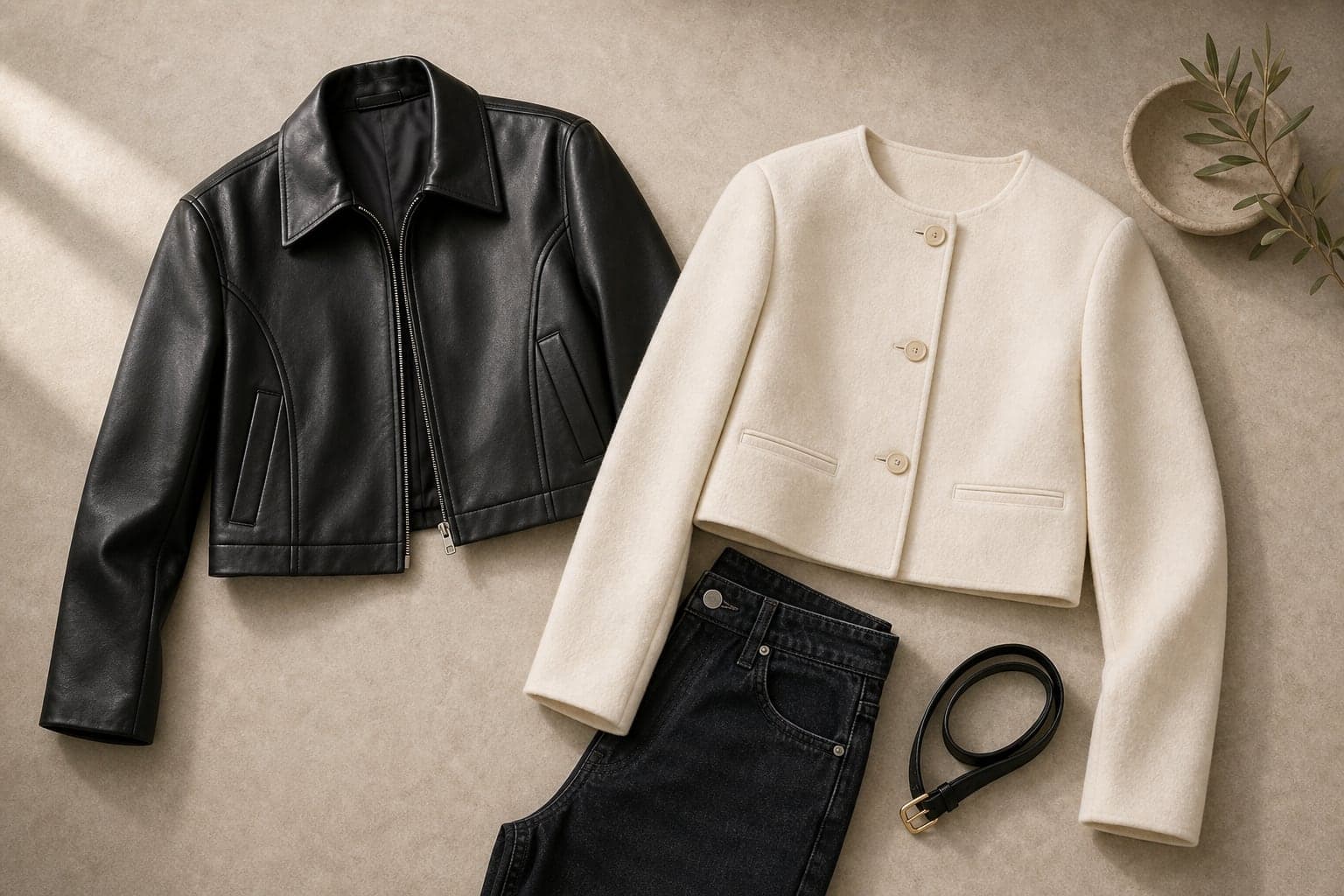 Cropped black leather jacket and cropped cream wool jacket arranged with black denim.