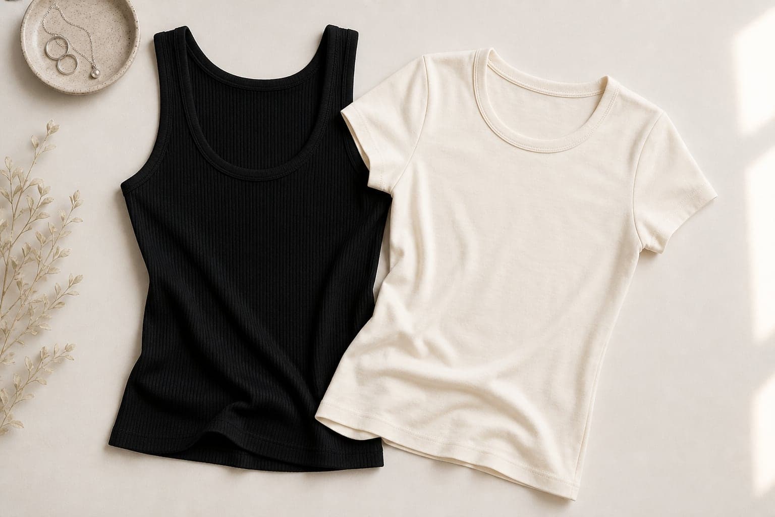 A black ribbed tank and ivory fitted tee arranged on a neutral studio surface.