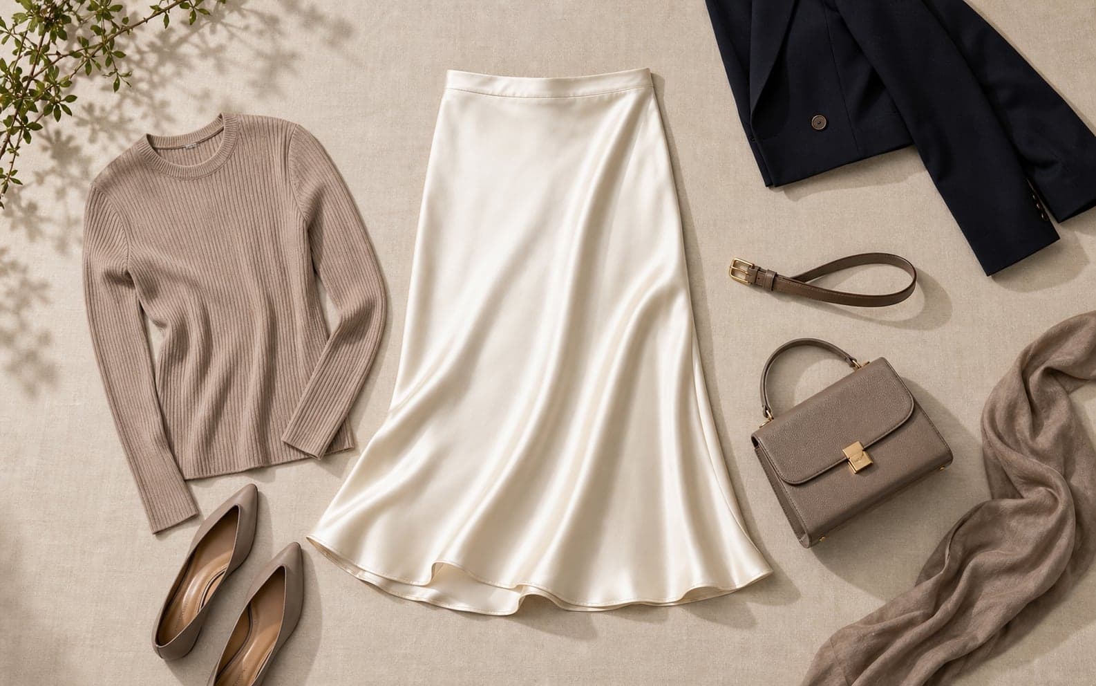 Ivory satin slip skirt styled with a ribbed knit, taupe flats, belt, bag, and scarf.