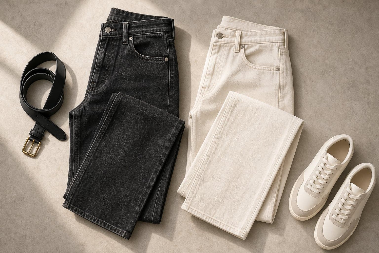 Washed black jeans and ecru denim arranged with a black belt and cream sneakers.