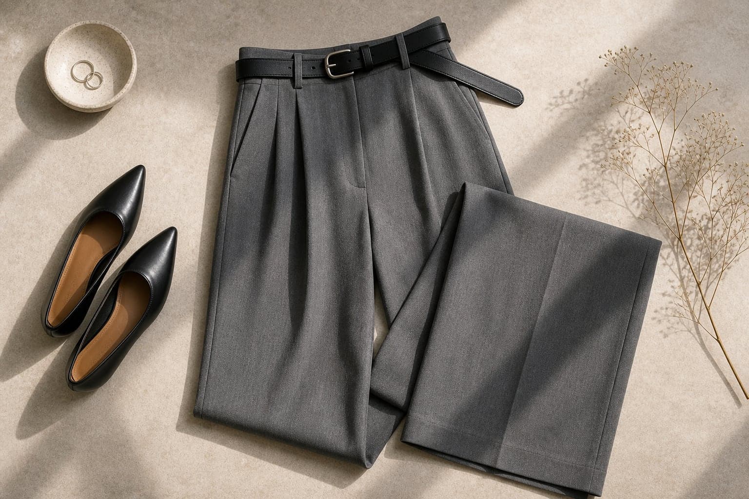 Grey high-rise wide-leg trousers with a black belt and black pointed flats.
