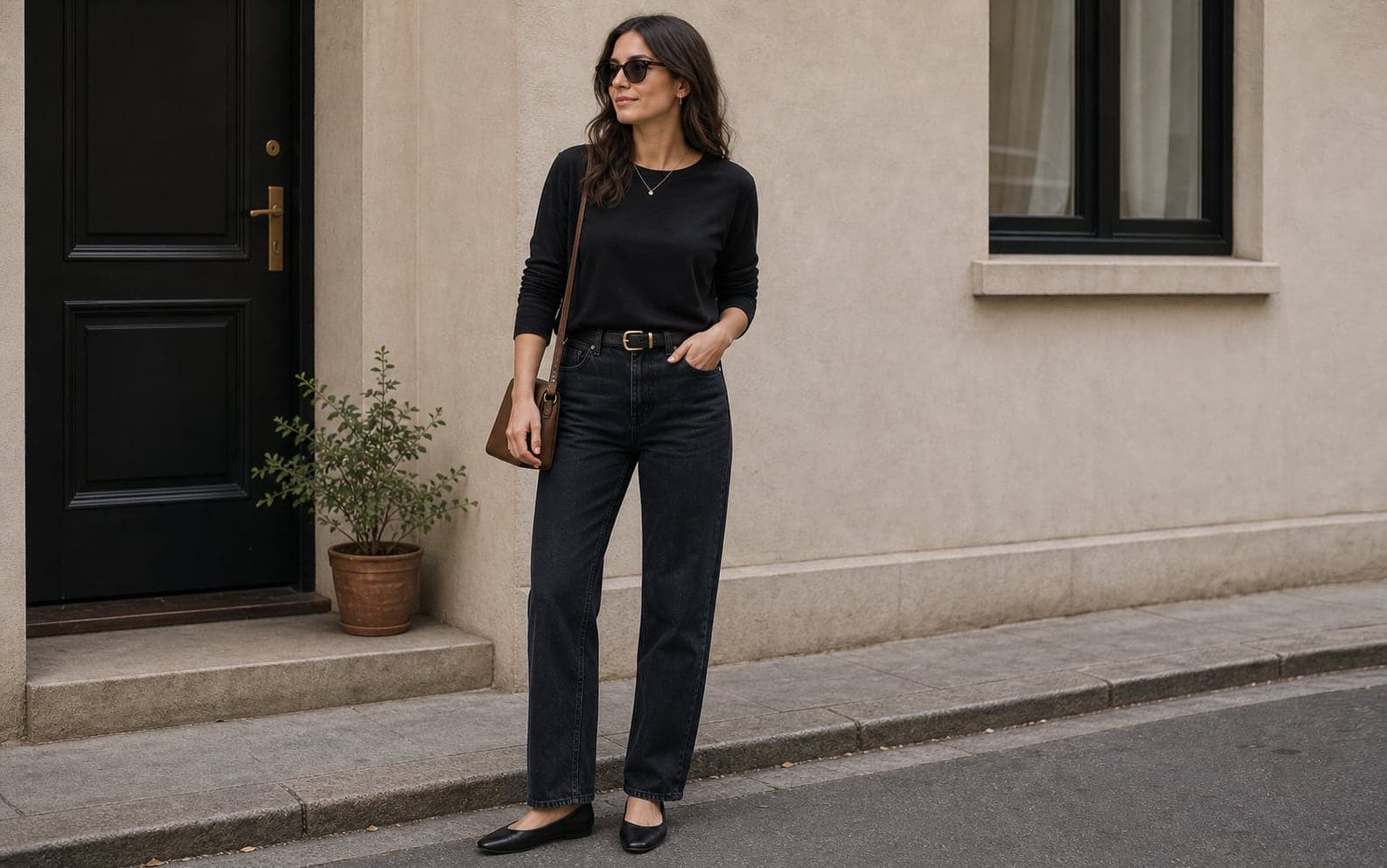 Woman in a black top, washed black straight jeans, black flats, a brown bag, and simple jewelry.