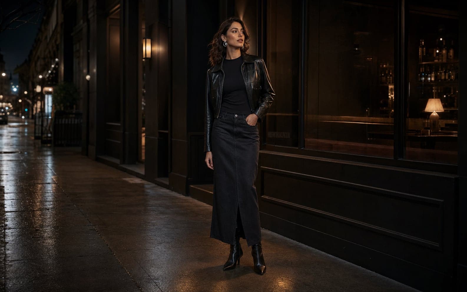 Woman in an all-black textured outfit with a leather jacket, long skirt, boots, and silver earrings at night.
