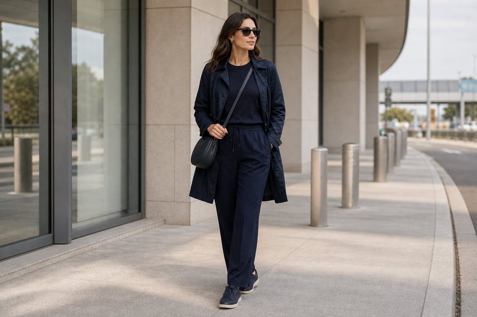 Woman in a navy long-sleeve top, navy pull-on trousers, navy lightweight jacket, dark sneakers, and a crossbody bag.
