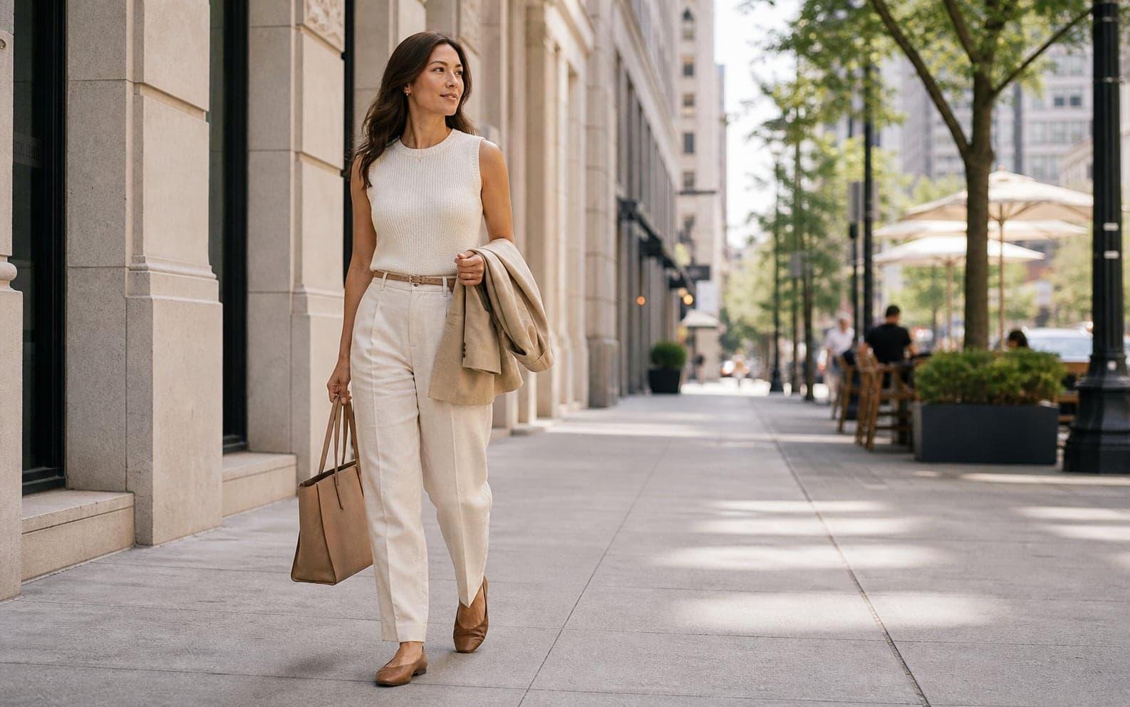 Woman in an ivory sleeveless knit, cream trousers, tan flats, and a beige jacket carried over one arm.