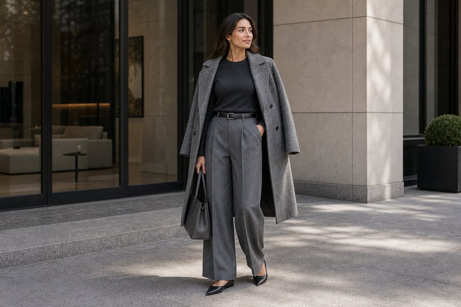 Woman in a charcoal knit, grey wide-leg trousers, structured grey coat, and black pointed flats.
