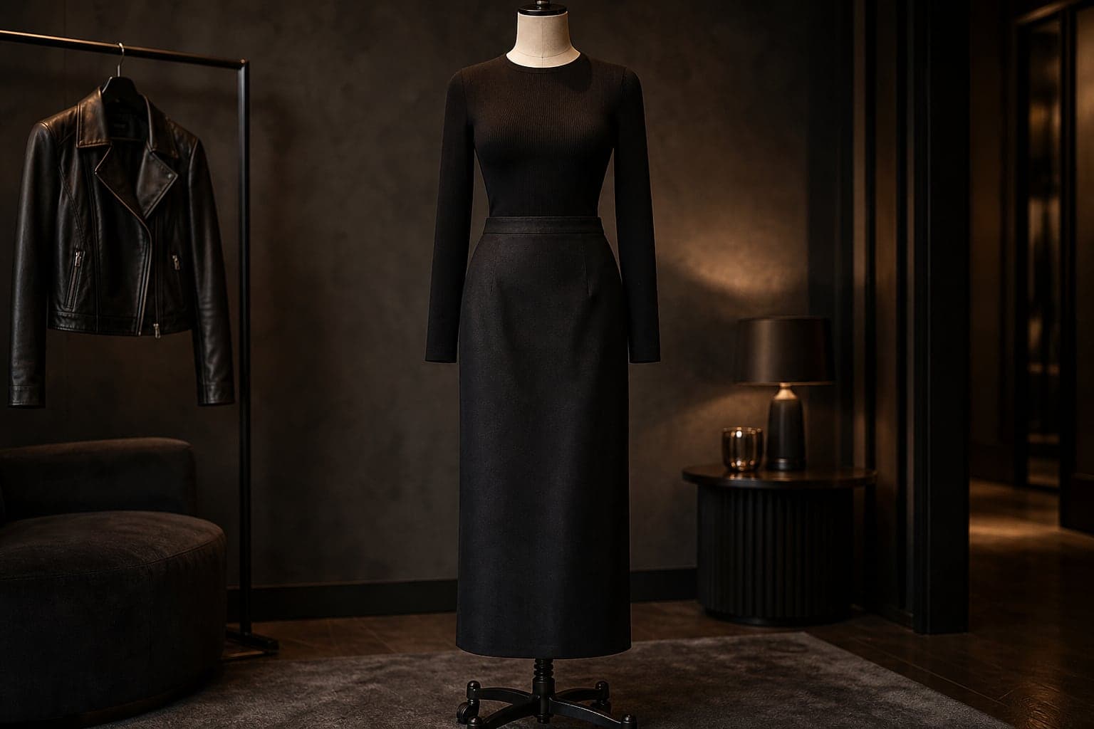 A sleek black column skirt styled with a fitted black top and polished evening layers.