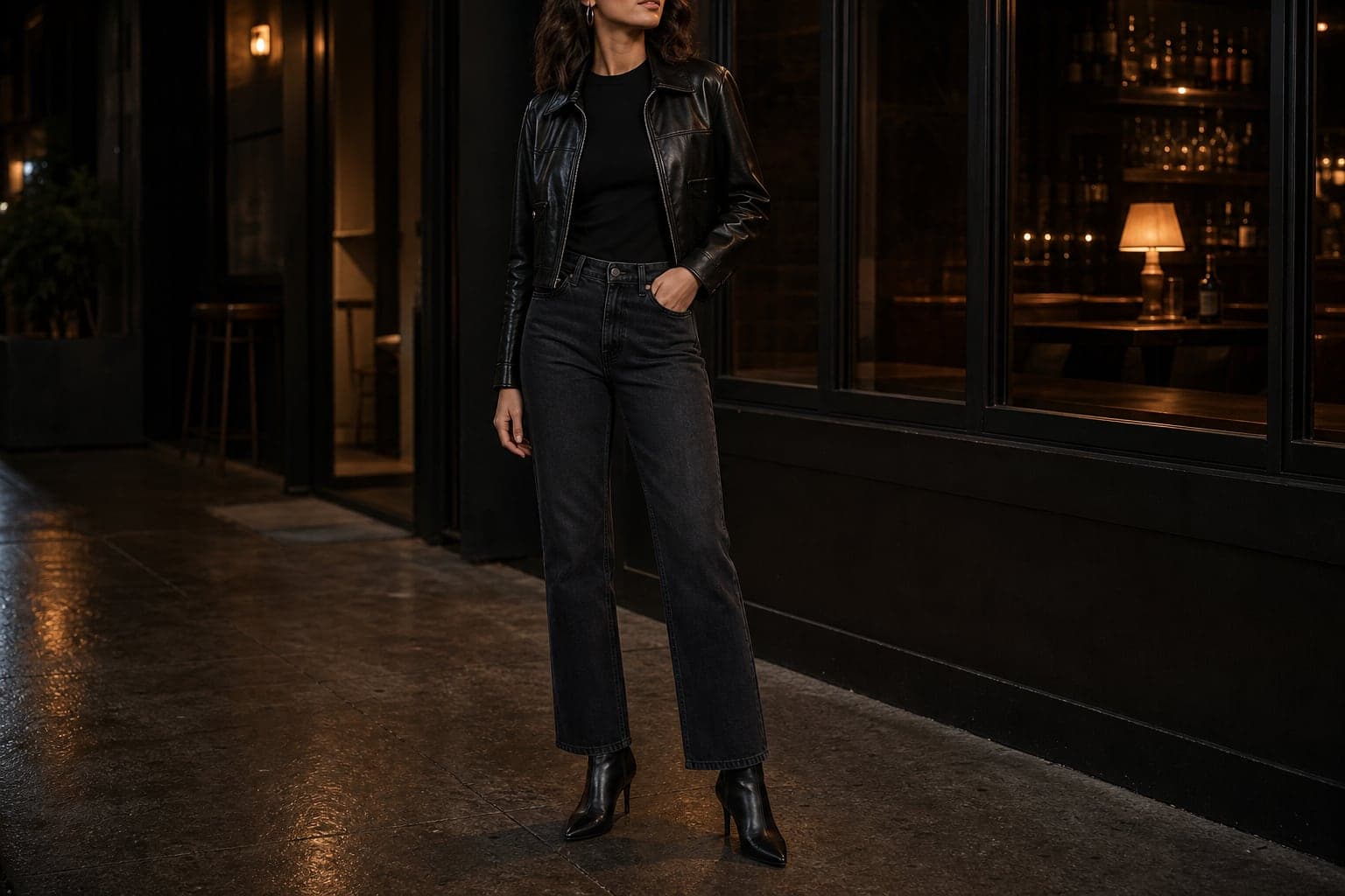 Dark straight-leg denim styled with a fitted black top, cropped leather jacket, and heeled boots.