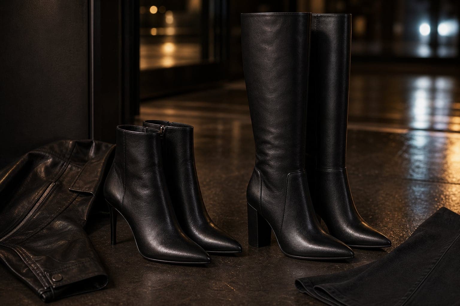Black leather heeled boots styled with dark skirt fabric and evening outerwear.