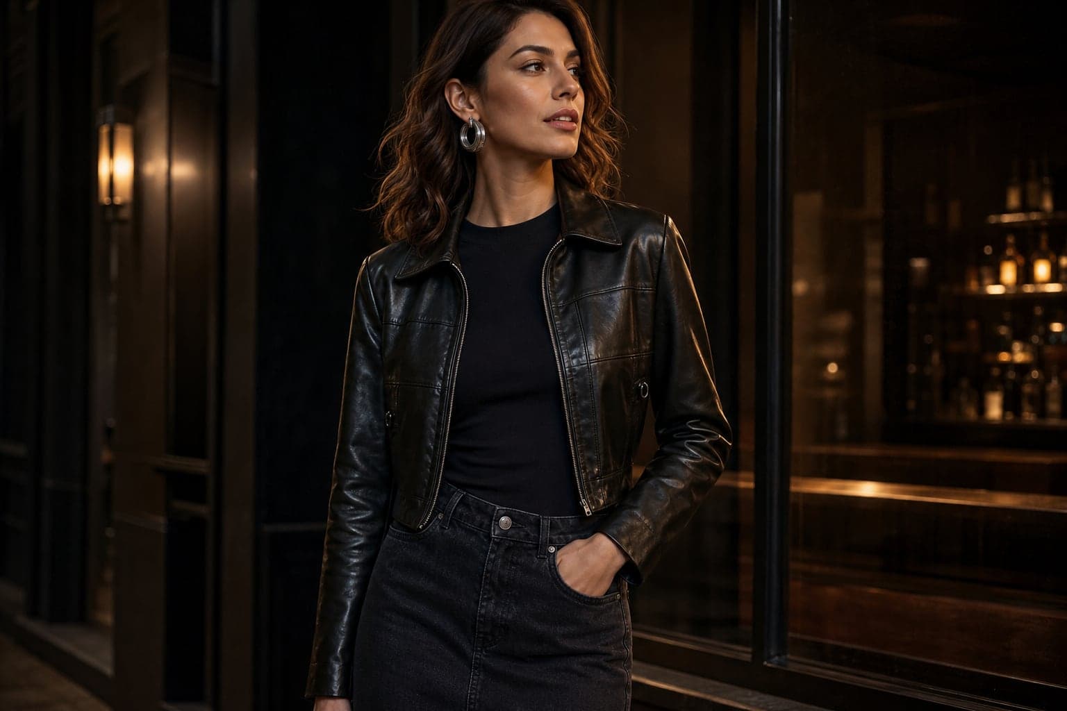 A cropped black leather jacket over a black night-out base in evening city light.