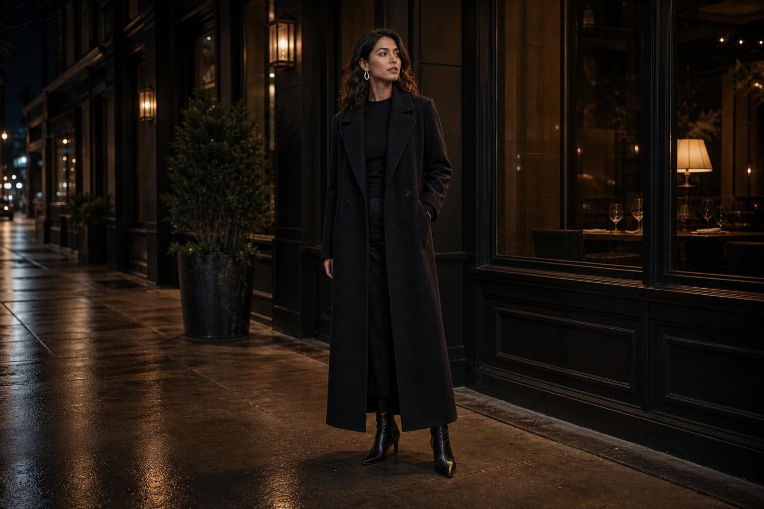 A long black wool coat worn over a sleek black night-out base outside a warm evening venue.
