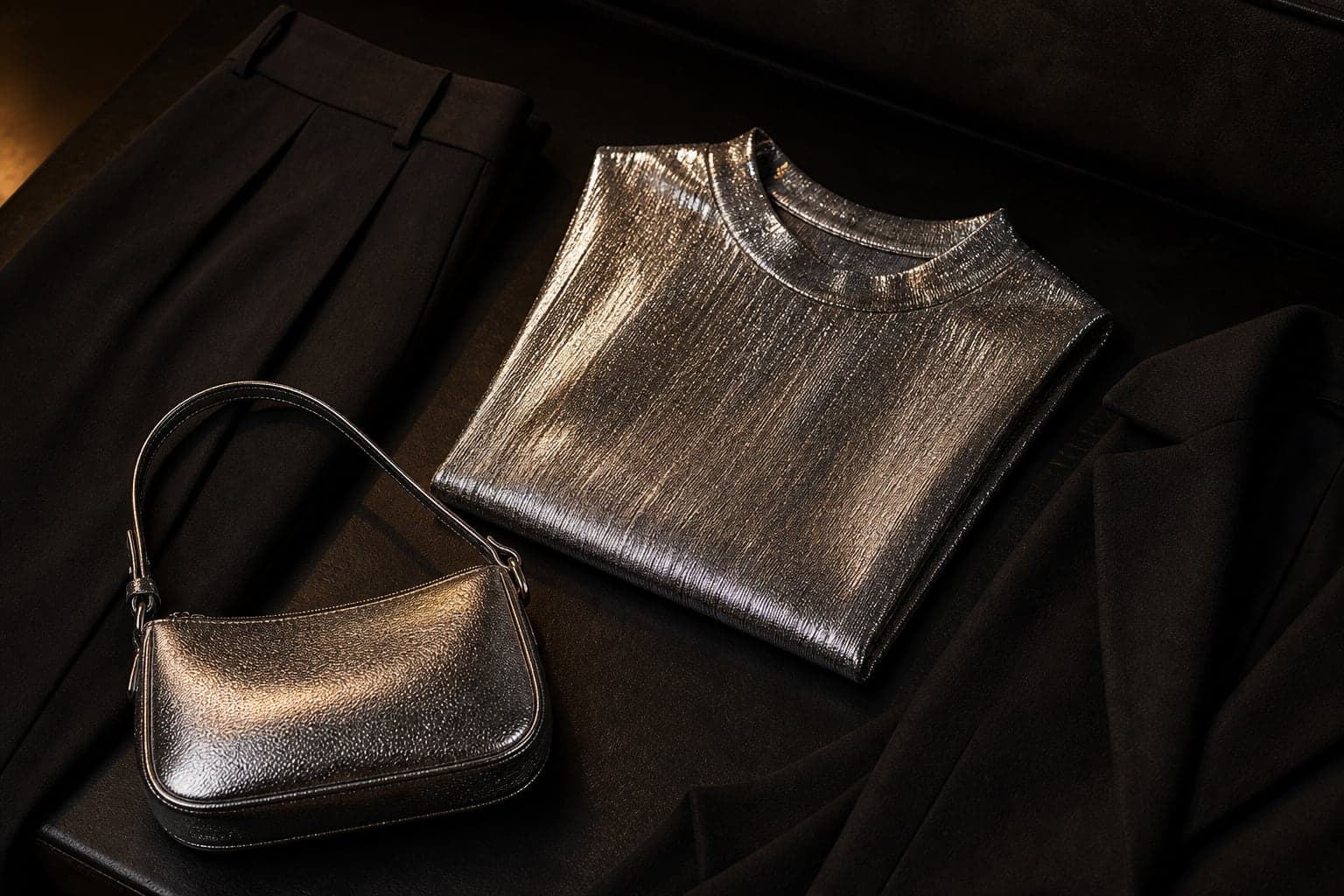 A silver metallic evening top and compact metallic bag styled with matte black clothing.