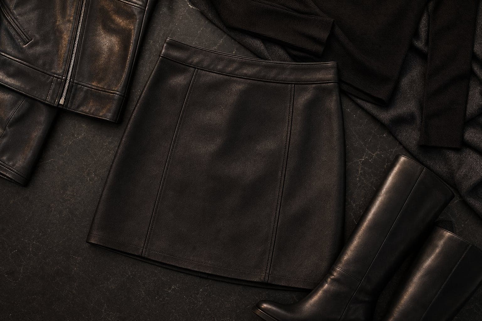 A structured black mini skirt styled with a fitted top, cropped jacket, and boots.