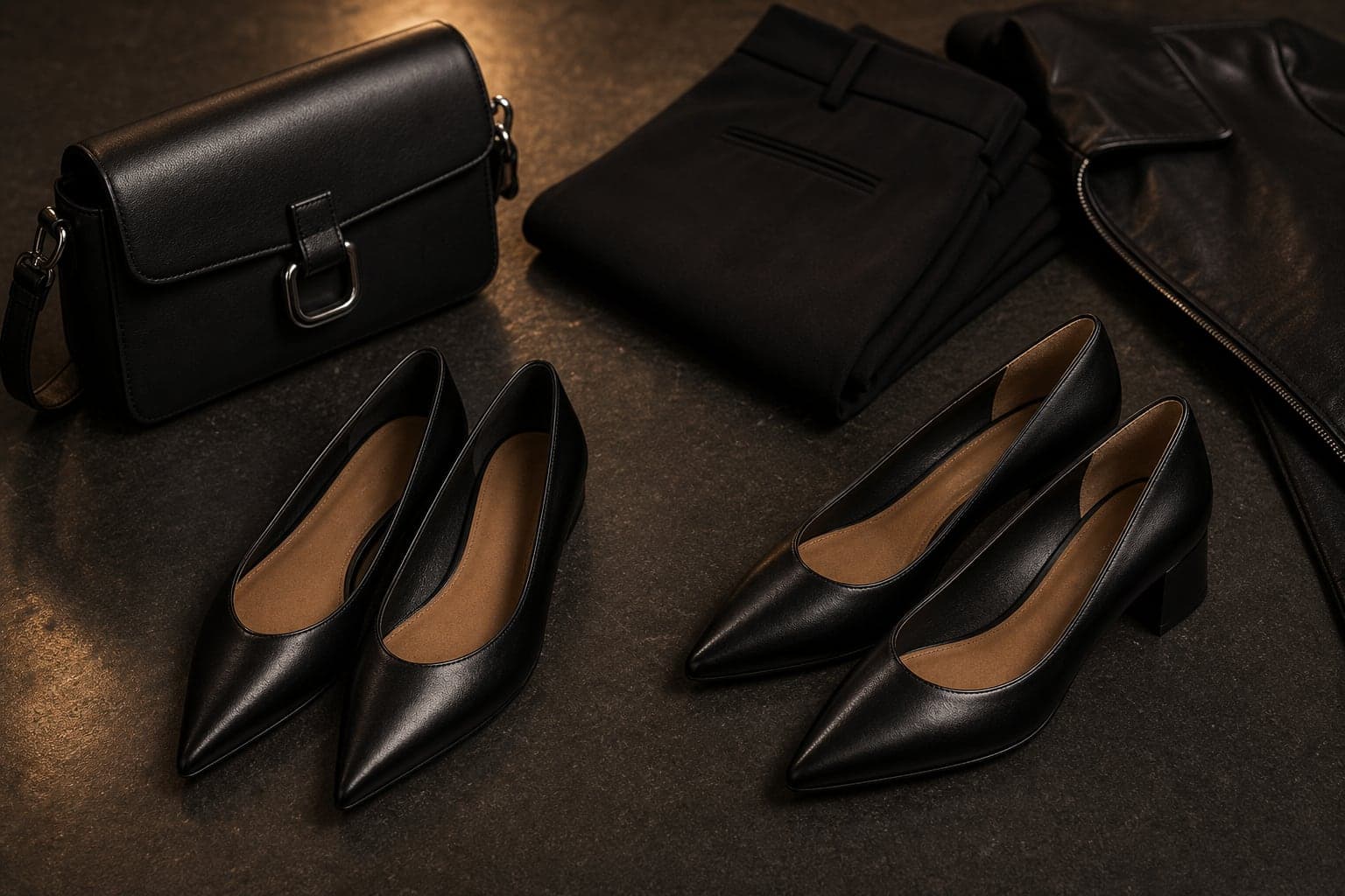 Sleek black pointed flats and low heels arranged with dark night-out pieces.