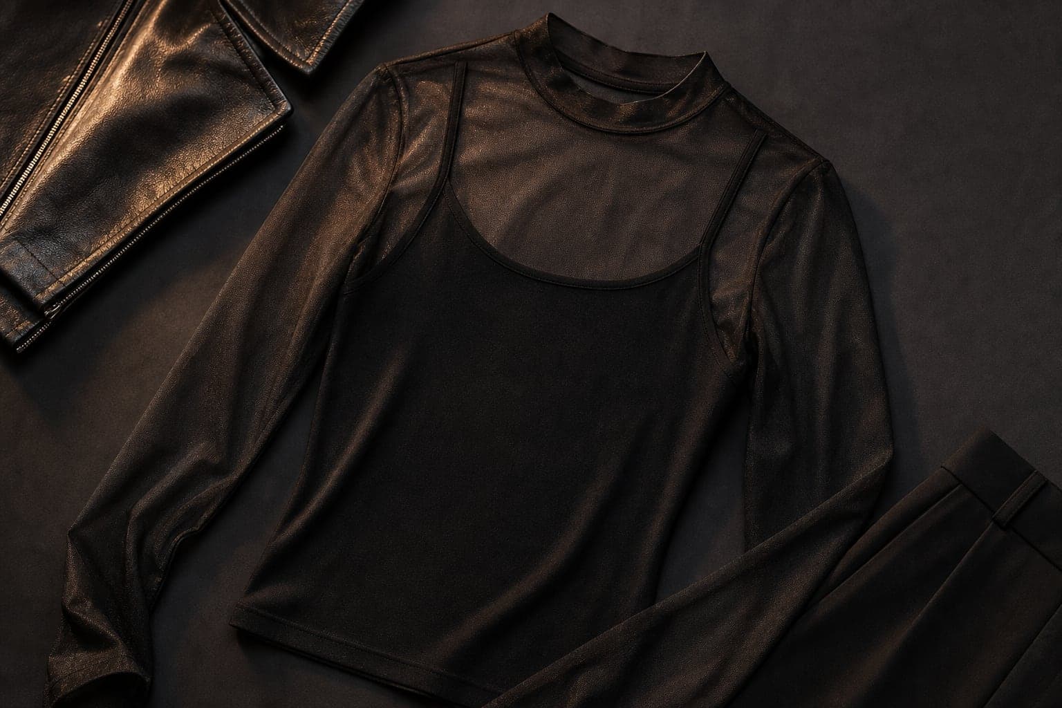 A black sheer long-sleeve top layered over an opaque camisole with structured black pieces nearby.