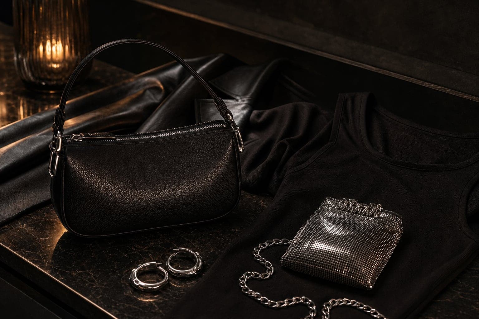 A compact black shoulder bag and small metallic evening bag styled on dark fabric.