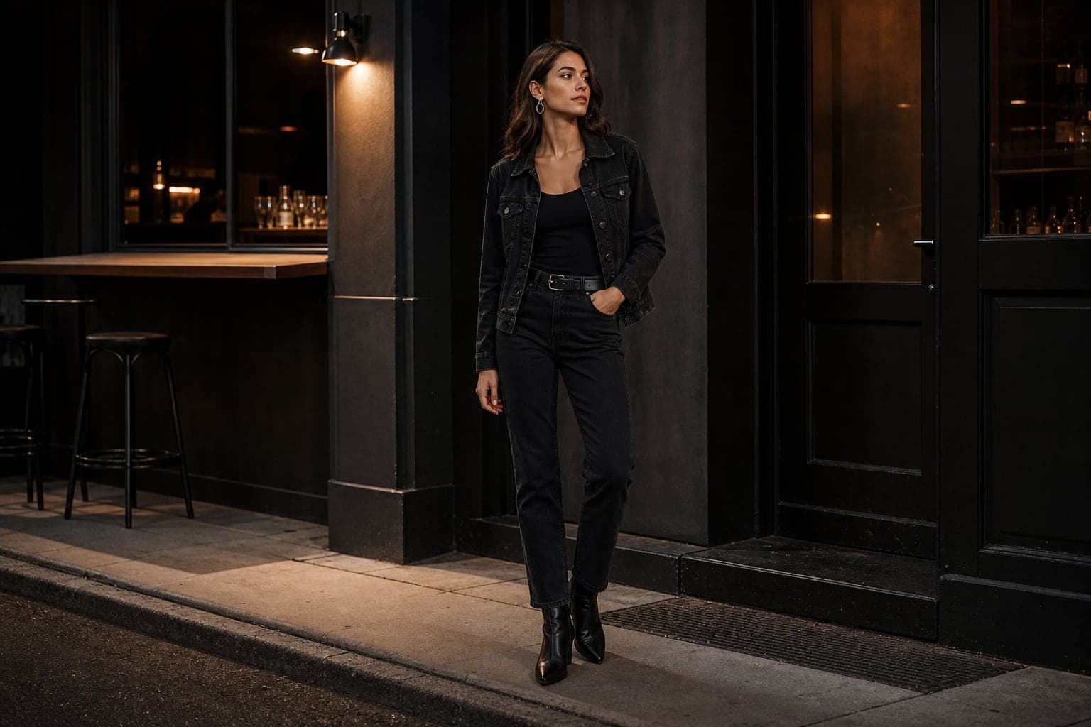 A budget night-out outfit using a black tank, black jeans, belt, boots, statement earrings, and dark jacket.