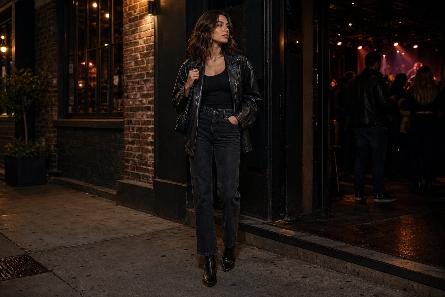 A casual night-out outfit with dark denim, a fitted black top, oversized leather jacket, ankle boots, and small shoulder bag.