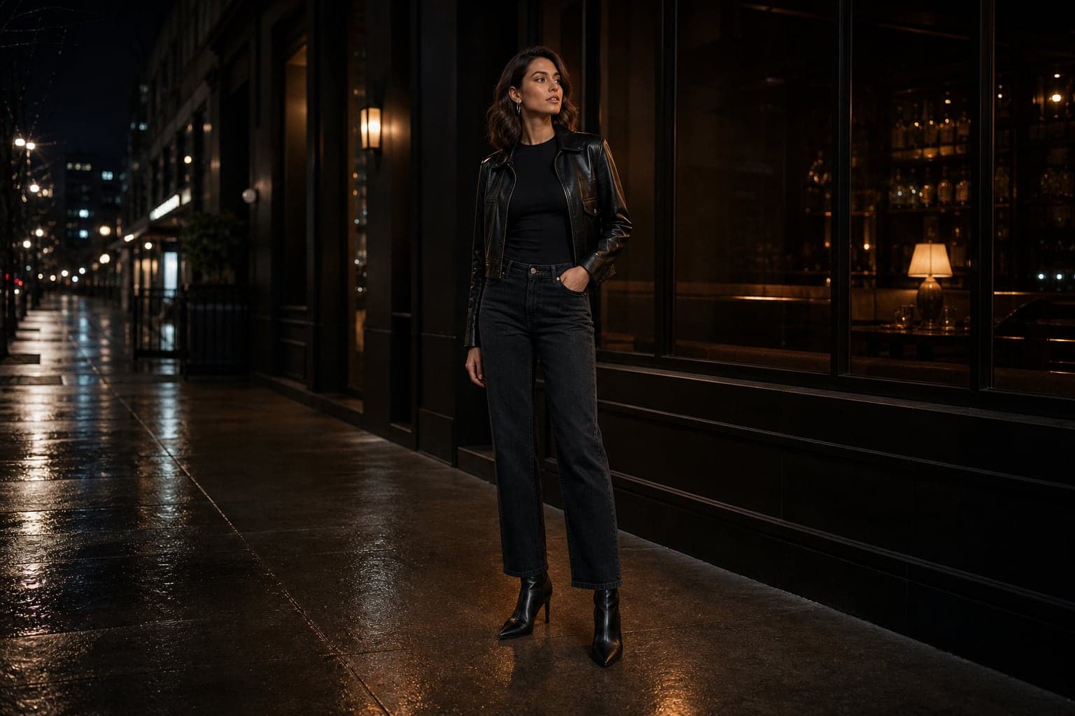 A downtown black base outfit with a fitted top, black denim, leather jacket, heeled boots, and silver earrings.