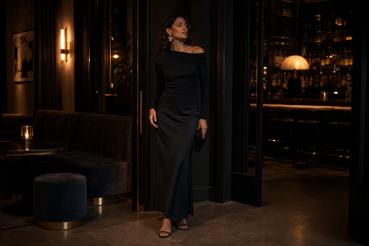 A lounge-ready black column skirt outfit with an off-shoulder top, metallic earrings, and sleek evening shoes.
