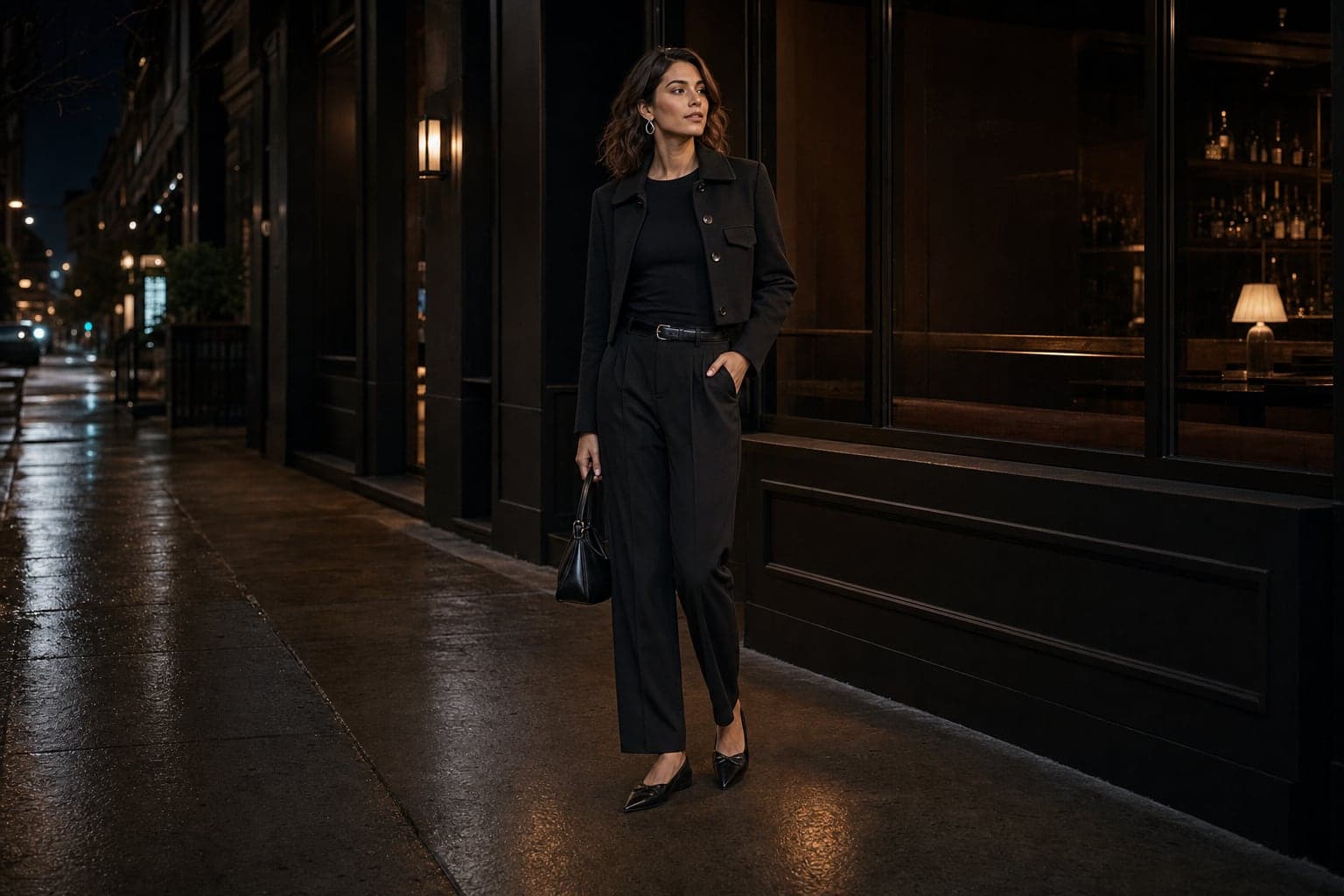 A sleek low-heel night-out outfit with dark trousers, fitted top, pointed flats, cropped jacket, and small bag.