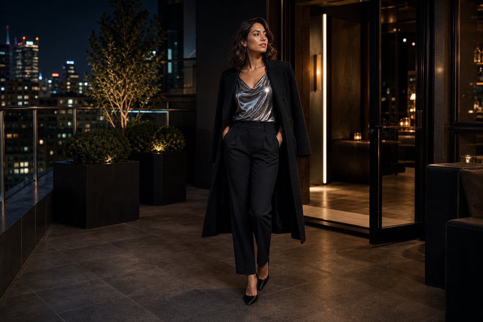 A metallic accent night-out outfit with a gunmetal top, matte black trousers, black coat, and simple heels.