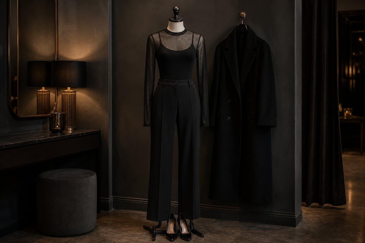 A sheer black top layered over an opaque camisole with tailored trousers, pointed heels, and a long coat.