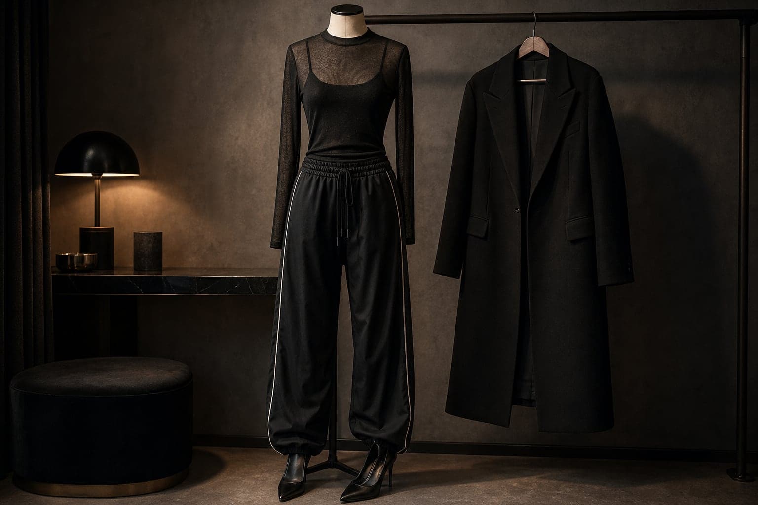 An experimental night-out outfit with a sheer top, clean black track pants, pointed heels, and structured coat.