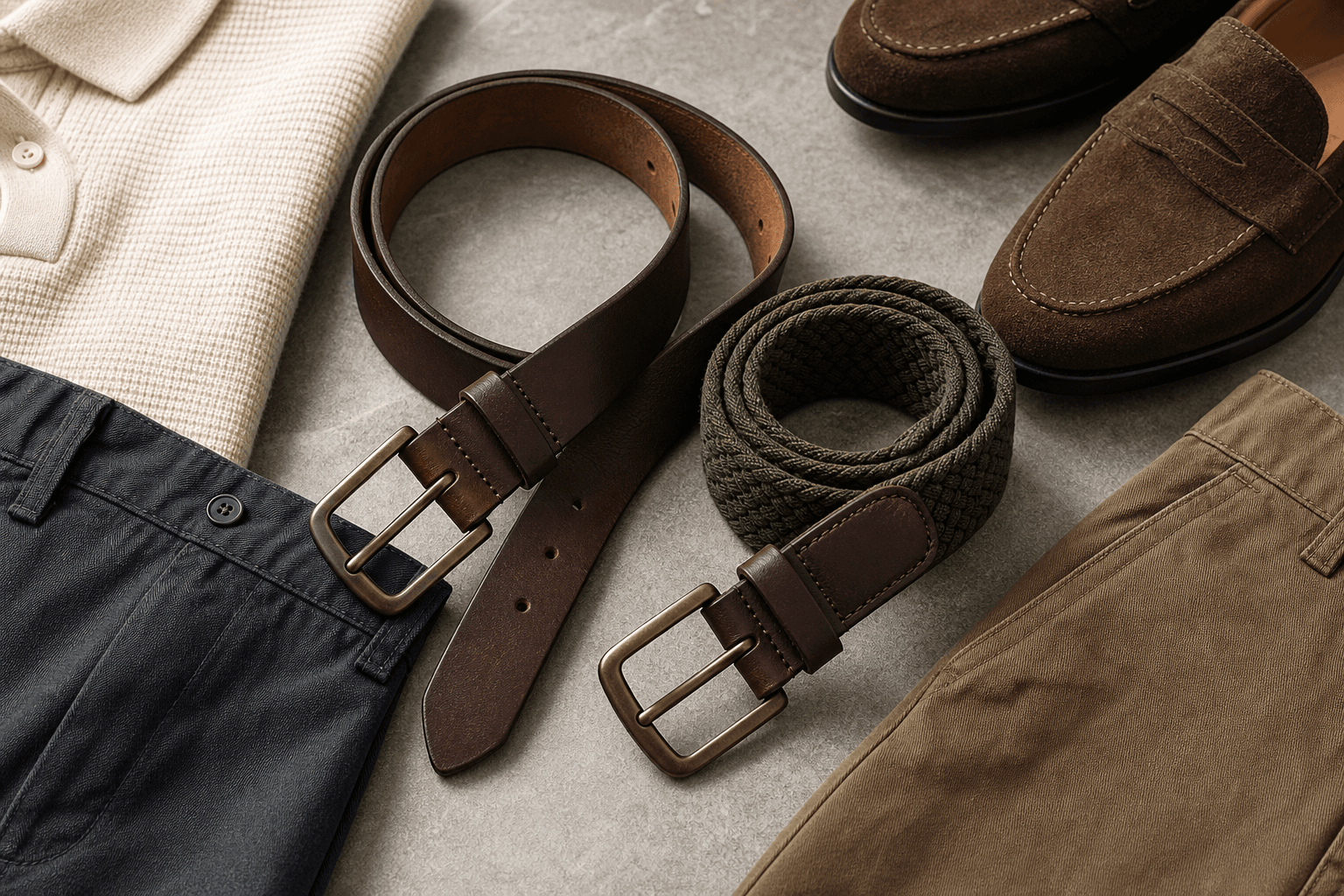Matte leather and woven belts arranged with loafers and smart-casual clothing.