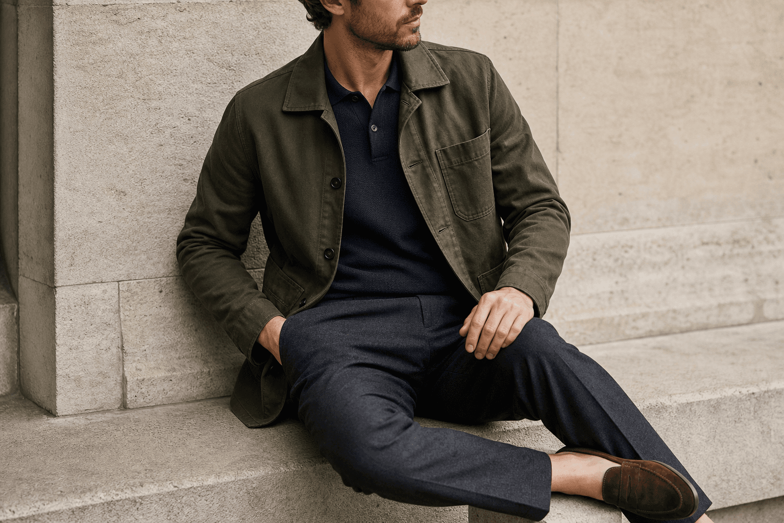 A man wearing an olive chore jacket over a navy knit polo with charcoal trousers.