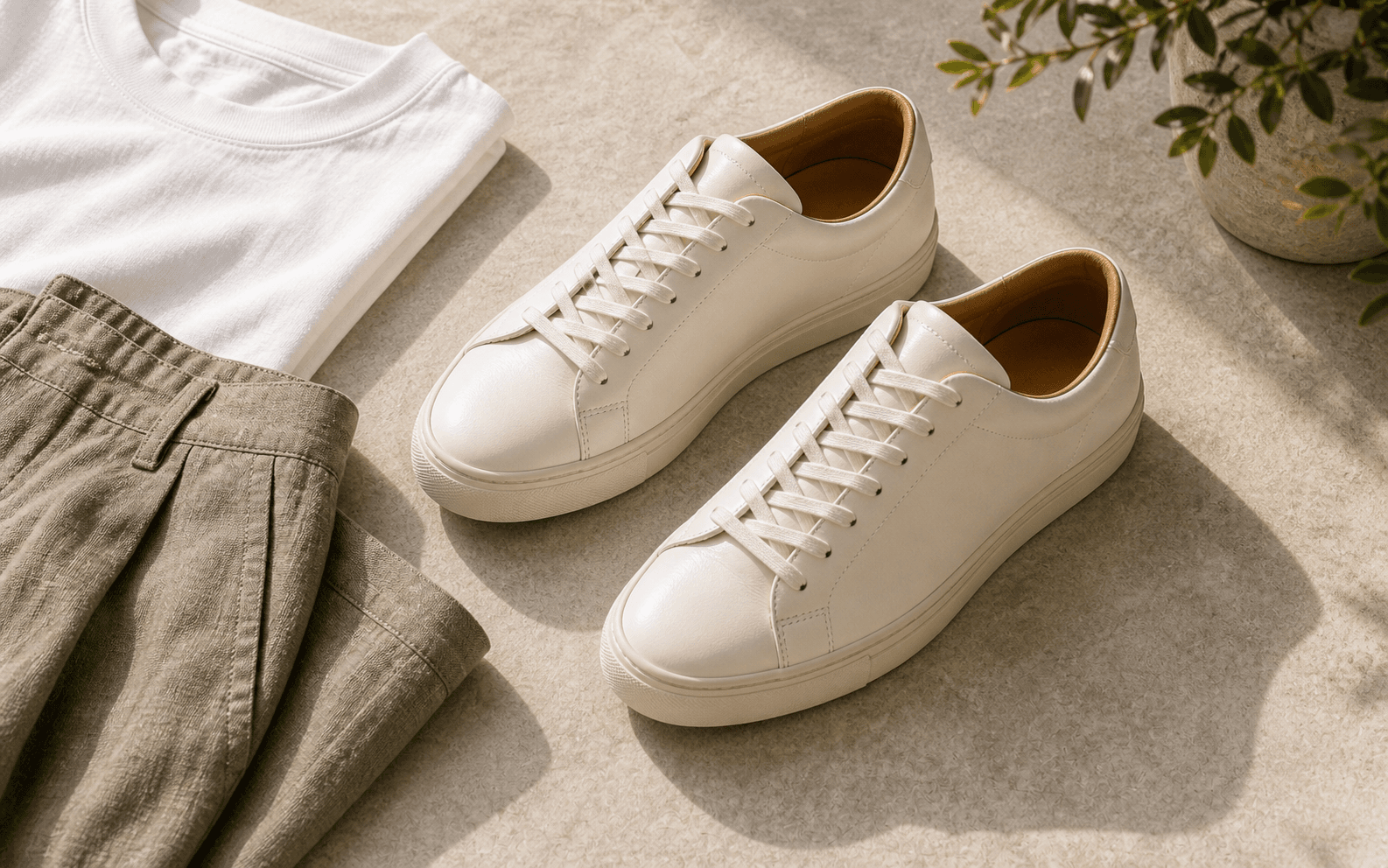 Minimal off-white leather sneakers styled with relaxed trousers and a white tee.