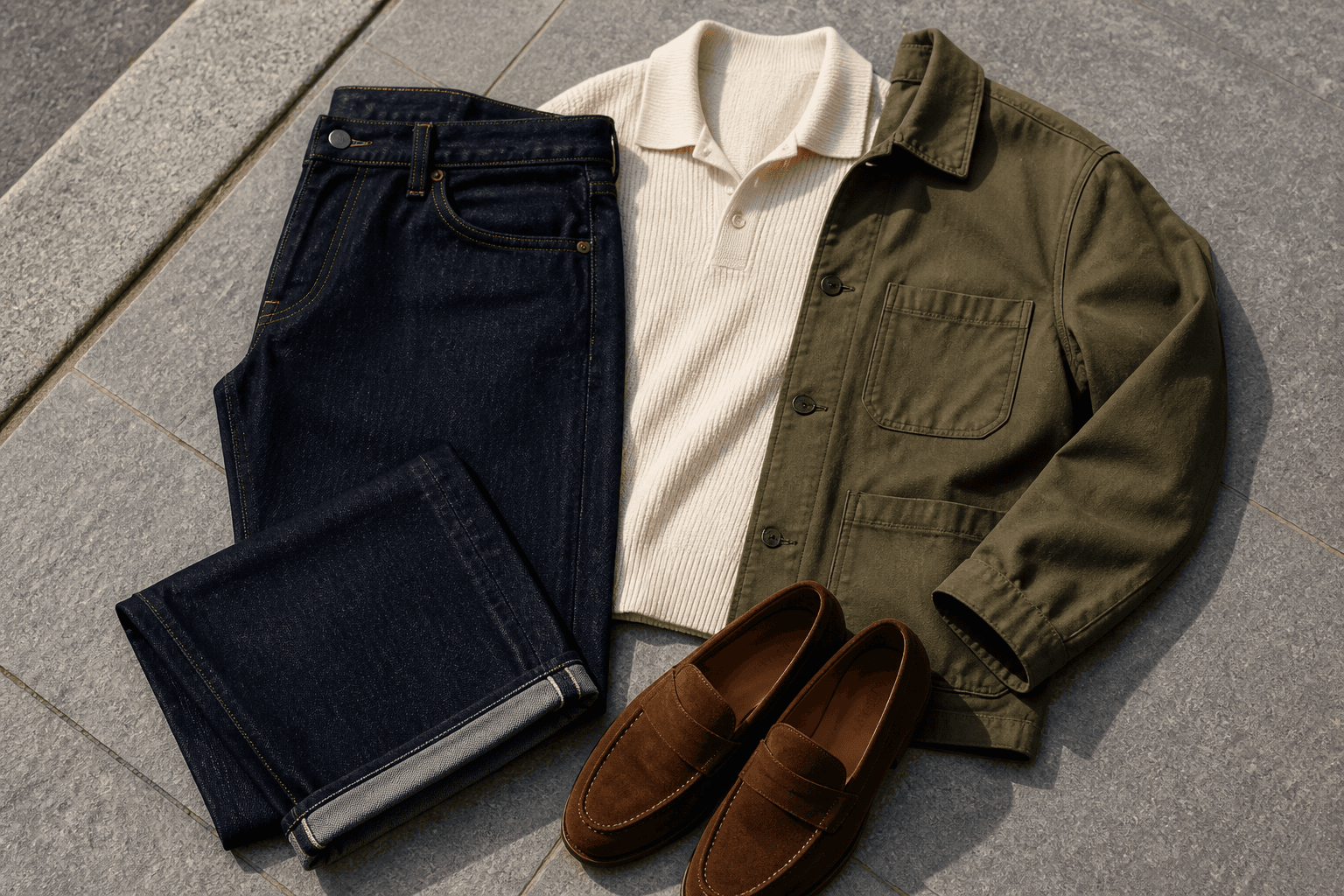 Dark straight denim styled with an olive chore jacket, cream knit, and brown loafers.