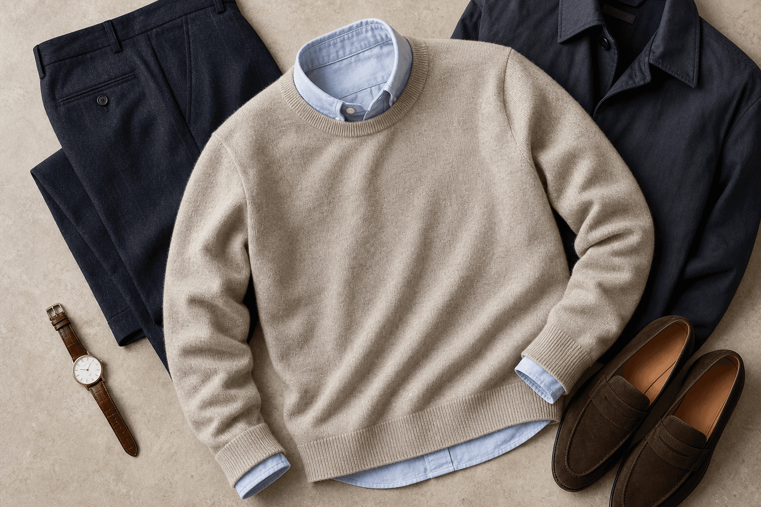 An oatmeal fine-gauge sweater layered over a pale blue oxford shirt with loafers nearby.