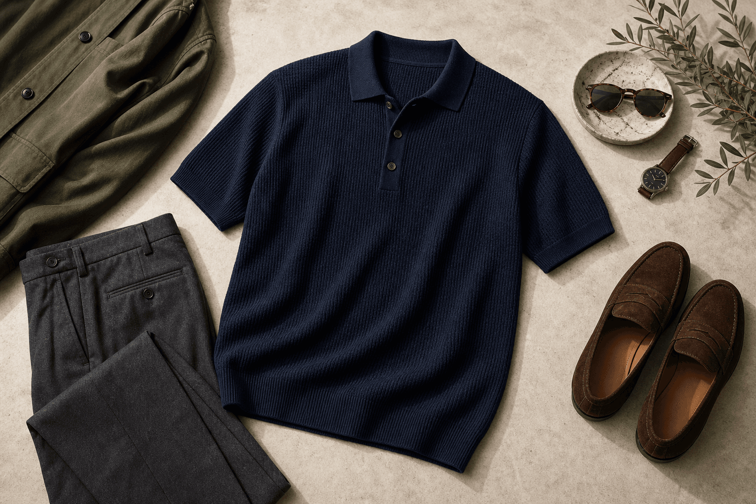 A navy knit polo styled with relaxed charcoal trousers and brown loafers.